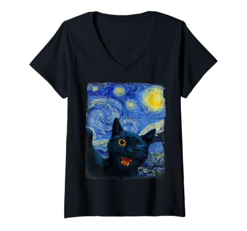 Damen Grinsende Katze Macht Selfie vor Van Gogh Sternennacht T-Shirt mit V-Ausschnitt Damen Grinsende Katze Macht Selfie vor Van Gogh Sternennacht T-Shirt mit V-Ausschnitt von Selfie Katze trifft berühmte Kunstwerke & Maler