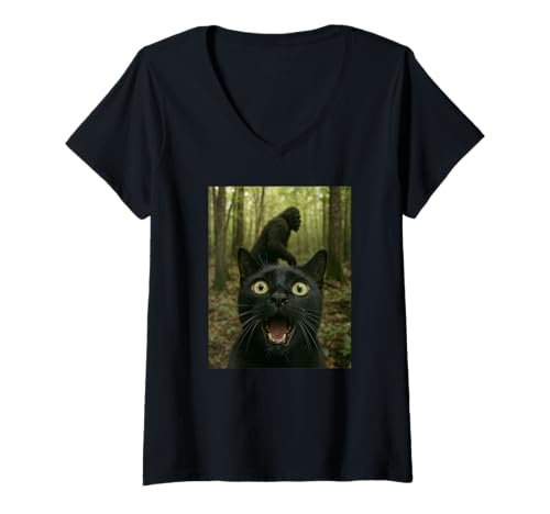 Damen Black Cat Selfie, Bigfoot, Lustig T-Shirt mit V-Ausschnitt von Selfie humor with Cats