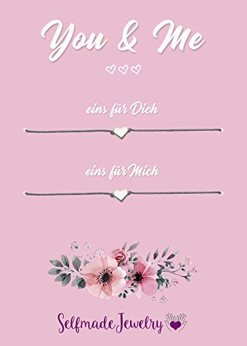 Selfmade Jewelry Beste Freundin Geschenke - Freundschaftsarmbänder mit Karte, Herz Armband in Silber, Größenverstellbar, BFF Ketten für 2 von Selfmade Jewelry