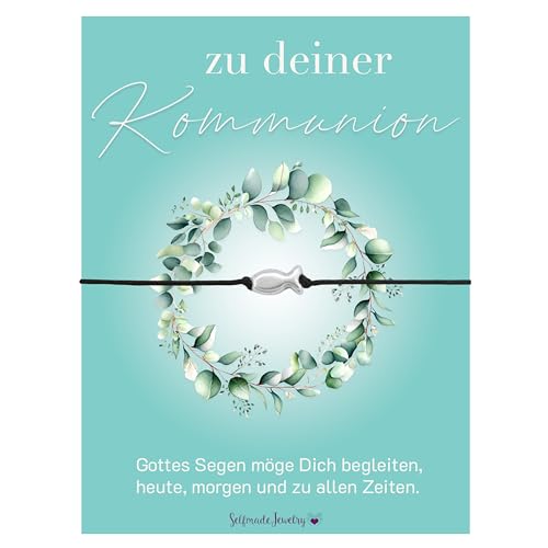 Selfmade Jewelry Armband auf Kommunionkarte als Kommunion Geschenk Mädchen Junge Erstkommunion - handgemacht in Deutschland (Fisch Silber - Schwarz) von Selfmade Jewelry