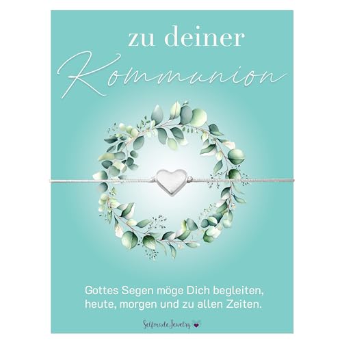 Selfmade Jewelry Armband auf Kommunionkarte als Kommunion Geschenk Mädchen Junge Erstkommunion - handgemacht in Deutschland (Herz Silber - Weiß) von Selfmade Jewelry