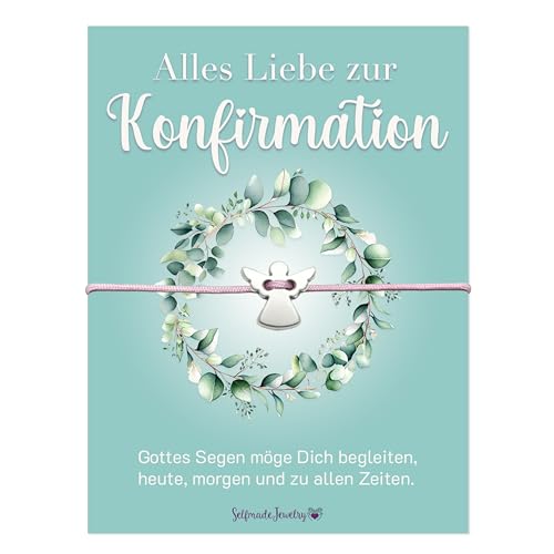 Selfmade Jewelry Armband auf Konfirmationskarte als Konfirmation Geschenk Mädchen - handgemacht in Deutschland (Engel Silber - Rosa) von Selfmade Jewelry