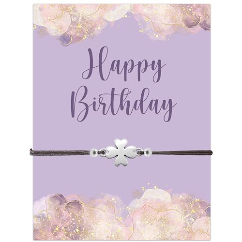 Selfmade Jewelry Kleeblatt Armband auf Geburtstagskarte Happy Birthday - Geschenk Damen Glücksbringer Armband (Silber - Grau) von Selfmade Jewelry