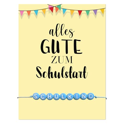 Selfmade Jewelry Schulkind Armband Mädchen Einschulung Geschenk - Armbändchen auf Karte für Schultüte Schulanfang Einschulungsgeschenke Glücksbringer (SCHULKIND Perlen Blau) von Selfmade Jewelry