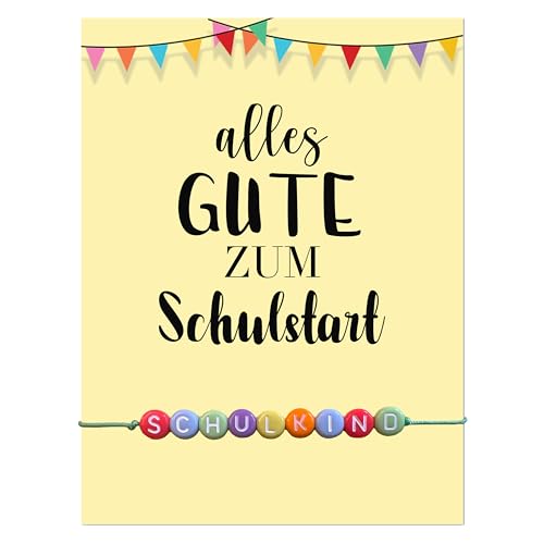 Selfmade Jewelry Schulkind Armband Mädchen Einschulung Geschenk - Armbändchen auf Karte für Schultüte Schulanfang Einschulungsgeschenke Glücksbringer (SCHULKIND Perlen Bunt) von Selfmade Jewelry