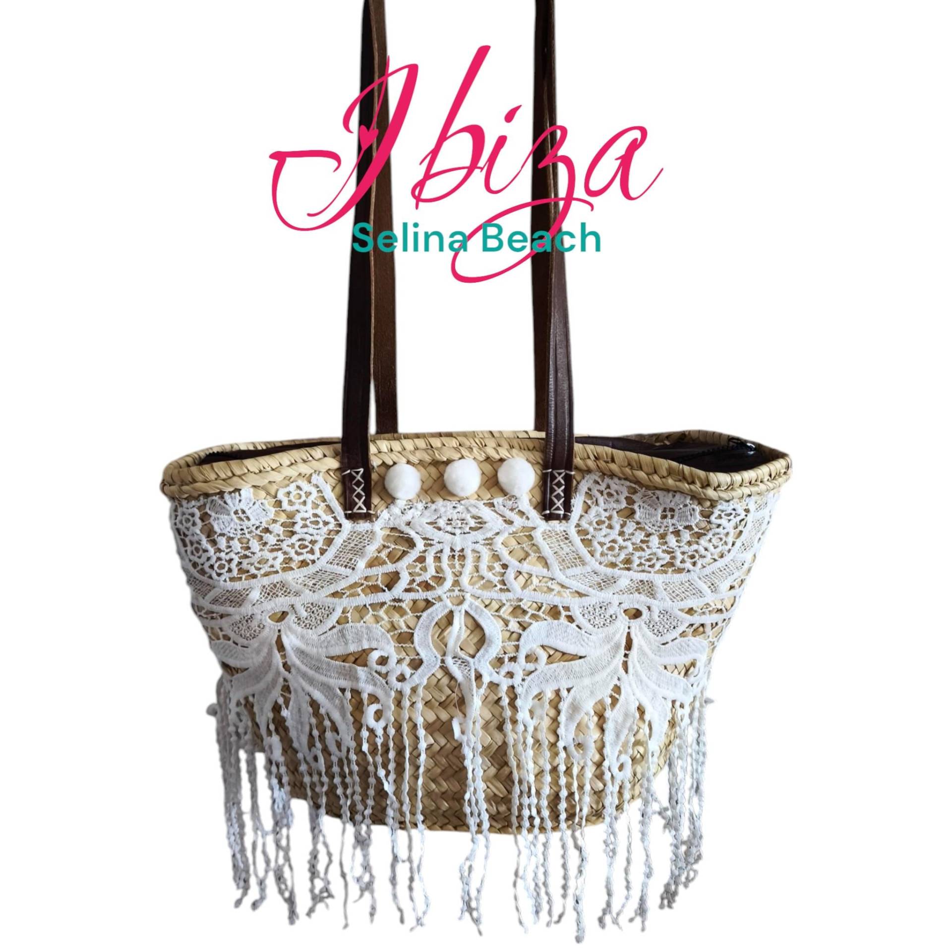 Ibiza Korbtasche Strandtasche Boho Mit Spitze Und Zwei Wechsel-Kettchen, Verschließbar von SelinaBeach