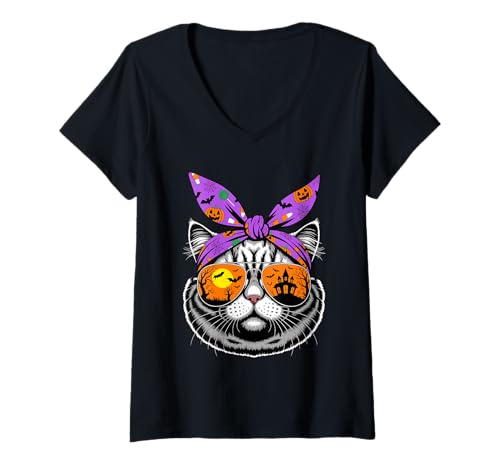 Damen Halloween Selkirk Rex Bandana Rexes T-Shirt mit V-Ausschnitt von Selkirk Rex Cat Lover Gifts