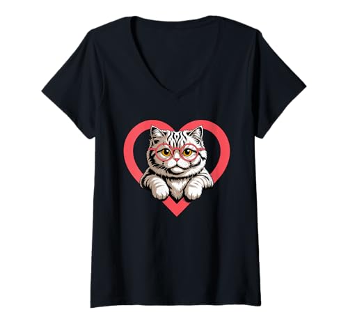 Damen Herz Selkirk Rex Brille T-Shirt mit V-Ausschnitt von Selkirk Rex Cat Lover Gifts