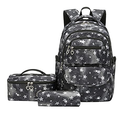 SellerFun Schulrucksack-Set mit 3 Sternen, Tagesrucksack für Teenager, Mädchen, Grundschule, Schwarze Sterne, Medium von SellerFun