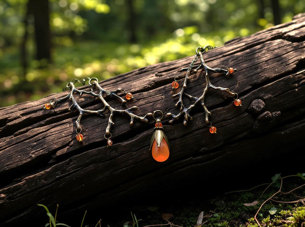 Herbstliche Zweig Halskette Antik Bronze Lätzchen Mit Orange Perlen von SelmaDreams