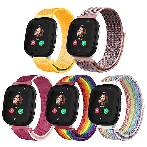 Seltureone 5 Stück Nylon-Armband für Kinder, kompatibel für Xplora X6 Play, Bequemer, Atmungsaktiver, Wasserdichte Riemen für Kinder, Einfach zu Tragen - Rot, Neon, Farbe, Rosa, Gelb von Seltureone