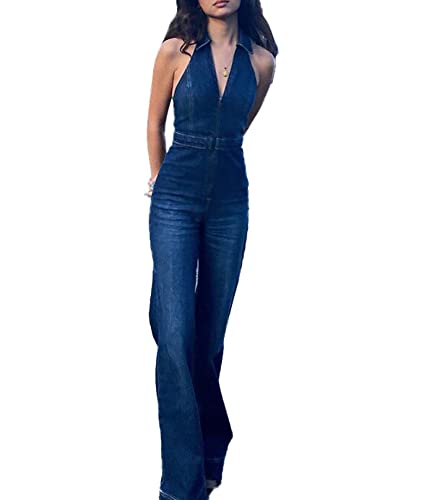 SEMATOMALA Damen Ärmellos Y2K Jeans Jumpsuit Ausgestelltes Bein Hosen Strampler Neckholder Tank Top Denim Catsuit Maxi Overall, V-Ausschnitt mit blauem Kragen, Medium von Sematomala