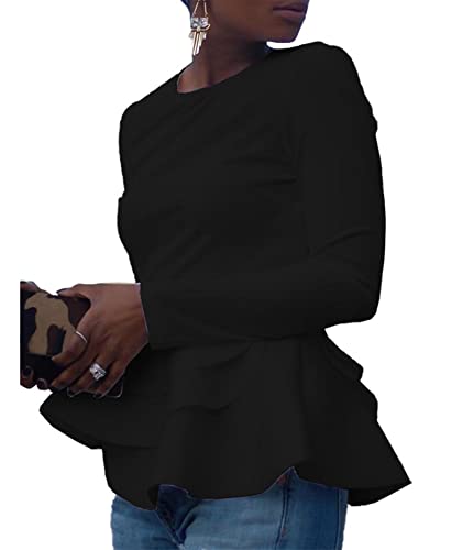 SEMATOMALA Damen Elegant Schößchen Reißverschluss Rundhals Langarm Rüschen Saum Top Blazer Jacke Tailliert Outwear, A-Schwarz, Klein von Sematomala