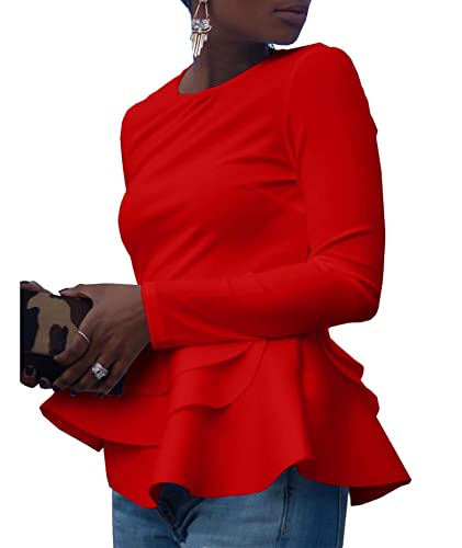 SEMATOMALA Damen Elegant Schößchen Reißverschluss Rundhals Langarm Rüschen Saum Top Blazer Jacke Tailliert Outwear, rot (a), X-Groß von Sematomala