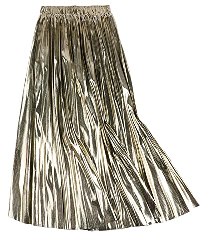 SEMATOMALA Damen Gold Plissee Maxirock Akkordeon Elastische Taille Aline Swing Metallic Glänzend Lange Party Röcke, Gold1, Einheitsgröße von Sematomala