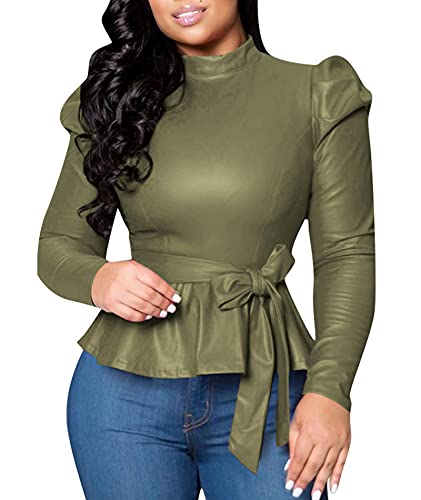 SEMATOMALA Damen Kunstleder Puffärmel Selbstbinden Taille Schößchen Top PU Leder Stehkragen Slim Fit Rüschen Knoten Bluse Shirt, Green, XX-Large von Sematomala