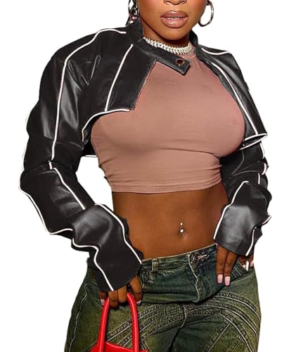 SEMATOMALA Damen Mock-Neck PU Leder Crop Jacket Shrug Moto Biker Reißverschluss Kunstleder Slim Bolero Mantel, Schwarz, X-Large von Sematomala
