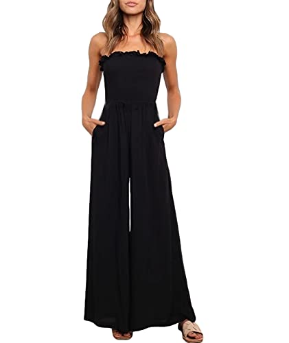 SEMATOMALA Damen Trägerlos Rüschen gesmokte Büste Weites Bein Hosen Romper Tube Top Flare Hosen Jumpsuit Solide Maxi Overalls, schwarz, X-Groß von Sematomala