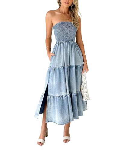SEMATOMALA Damen Trägerloses fließendes A-Linien-Rüschen-Denim-Kleid, gesmoktes Schlauch-Top, gestuftes Bandeau-Jeans-Maxikleid, Blau, Mittel von Sematomala