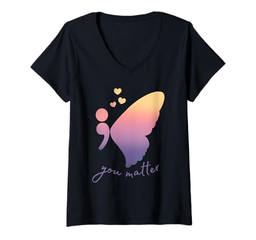 Damen Sunset Semikolon Schmetterling Psychische Gesundheit Suizid Prävention T-Shirt mit V-Ausschnitt Damen Sunset Semikolon Schmetterling Psychische Gesundheit Suizid Prävention T-Shirt mit V-Ausschnitt von Semicolon Mental Health Matters