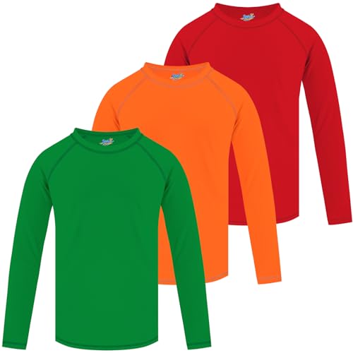 Rashguard-Badeshirt für Jungen, langärmelig, LSF + 50, Sonnen-Shirts für Kleinkinder, Kinder, Rashguard, Wasser-Schwimm-Shirts, 3 Stück, Grün, Orange und Rot, 9-10 Jahre von Semois