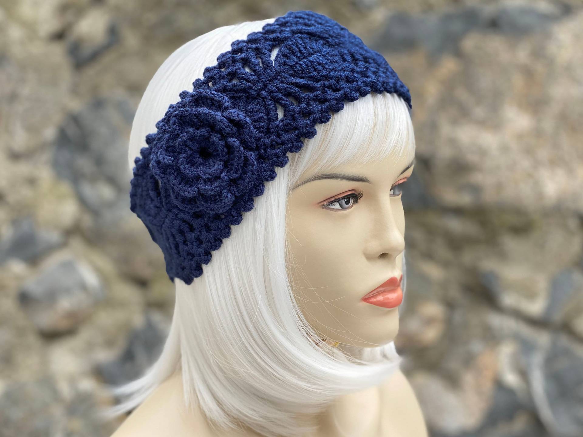 Gehäkeltes Baumwoll Stirnband Mit Blume, Ohr Wärmer Stirnband, Winter Frauen Stricken Warmes Navy Blau, Dunkelblau von SenamonAccessories