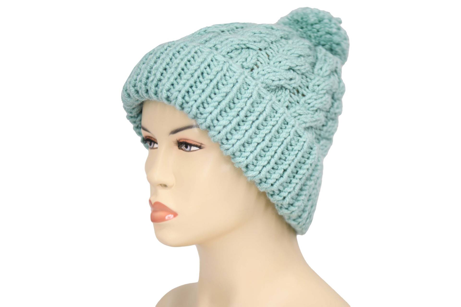 Übergroße Grobstrick Bommel Mütze, Üppige Wolle Wintermütze, Taubenblau von SenamonAccessories