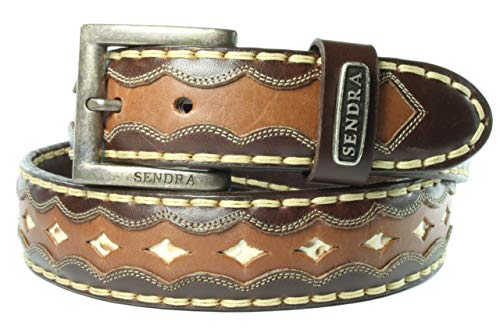 Sendra Boots Gürtel 7576 Braun Herren Damen Gürtel Cowboy Western Ibiza Bohemian 4cm Breit Jeans Gürtel Wellenrand Karo-Muster Auswechselbare Schnalle Unisex Echtes Leder Größe 95 von Sendra