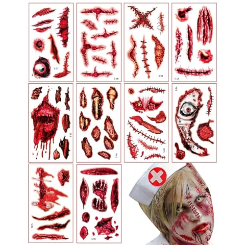Halloween-Gesichtsaufkleber, Halloween-Make-up-Aufkleber,10 Stück wasserdichte Zombie-Aufkleber - Make-up-Requisiten, Maskerade-Streich, Horror-Aufkleber für Halloween-Maskerade von Senermter