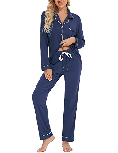 Samring Damen Button Down Pyjama Set V-Ausschnitt Langarm Nachtwäsche Weiche Pj Sets S-XXL, Cyanblau, L von Senert