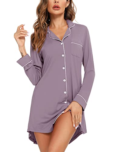 Samring Nachthemd für Frauen Schlafhemd Kurze Langarm Nachtwäsche Freund Nachthemd Button Down Pyjamakleid S-XXL, Langärmelig, Violett, Large von Senert