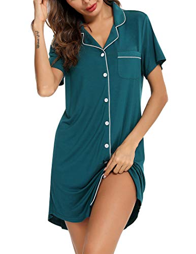 Samring Nachtkleid Schlafkleid für Frauen Nachthemd Kurze Langarm Nachtwäsche Freund Nachthemd Button Down Pyjamakleid, Kurze Ärmel grün, Large von Senert