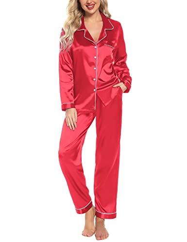 Senert Damen-Pyjama-Set, Seide, Satin, langärmelig, weiche Nachtwäsche, Knopfleiste, Loungewear-Set, S-XXL, rot, XL von Senert