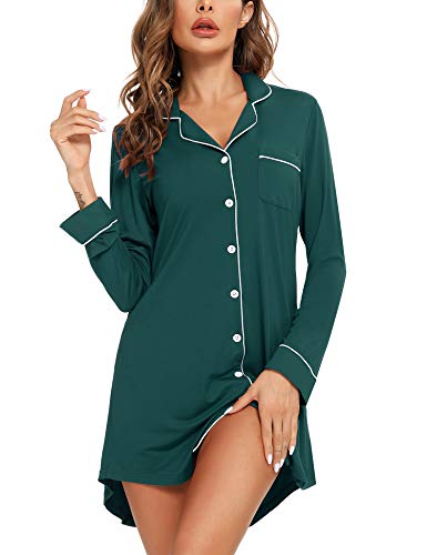 Senert Nachthemd für Frauen Schlafhemd Kurze Langarm Nachtwäsche Freund Nachthemd Button Down Pyjamakleid S-XXL, Langarm-Grün, X-Large von Senert