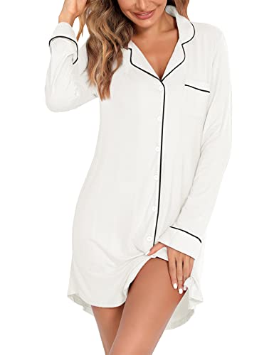 Senert Nachthemd für Frauen Schlafhemd Kurze Langarm Nachtwäsche Freund Nachthemd Button Down Pyjamakleid S-XXL, Langarmweiß, Large von Senert