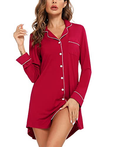 Senert Nachthemd für Frauen Schlafhemd Kurze Langarm Nachtwäsche Freund Nachthemd Button Down Pyjamakleid S-XXL, Long Sleeve Weinrot, X-Large von Senert