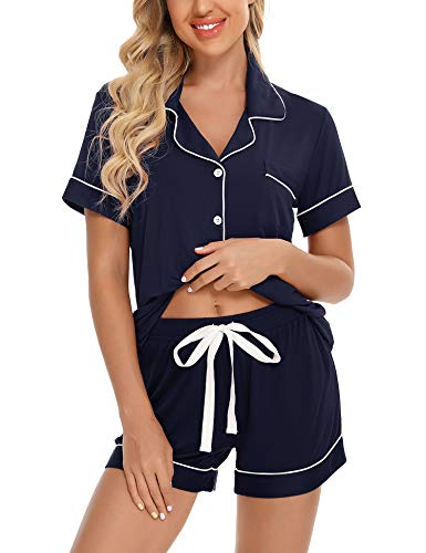 Senert Pyjama-Set für Damen, kurzärmelig, Nachtwäsche, weich, Button-Down-Pyjama-Set, Nachtwäsche, Lounge-Sets, S-XXL, A Style No Shorts Pocket-Navy Blue, L von Senert