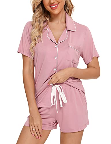 Senert Pyjama-Set für Damen, kurzärmelig, Nachtwäsche, weich, Button-Down-Pyjama-Set, Nachtwäsche, Lounge-Sets, S-XXL, B-Stil mit Taschen, Bohnenpaste, S von Senert