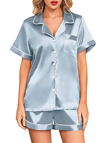 Senert Seiden-Satin-Pyjama für Damen 2-teilige kurze Sets Nachtwäsche weiche Button-Down-Pyjama-Sets mit Taschen S-XXL, hellblau, S von Senert