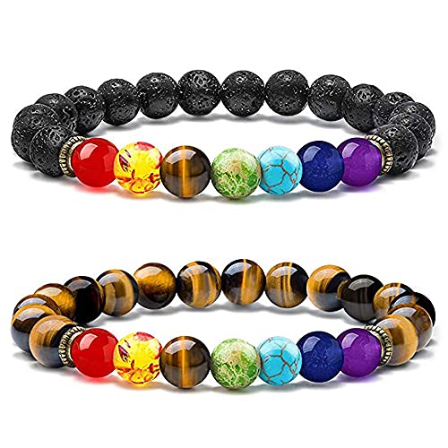 Senidea 2 Stück 7 Chakra Armband für Damen Herren heilstein armband Lavastein Armbänder Tigerauge Armband, Natürliche Energiesteinen Yoga Armbänder, Meditation Armband Lavastein Stein Armband 8mm von Senidea