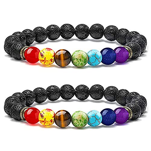 Senidea 2 Stück 7 Chakra Armband für Damen Herren, Meteorit Armband, Natürliche Energiesteinen Entspannung Yoga Armbänder, Lavastein Stein Armband 8mm von Senidea