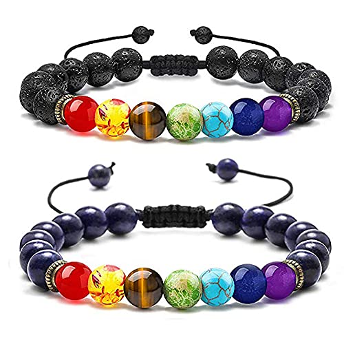 Senidea 2 Stück 7 Chakra Armband für Damen Herren, Meteorit Tigerauge Armband, Natürliche Energiesteinen Entspannung Yoga Armbänder, Meditation Armband Lavastein Stein Armband 8mm von Senidea