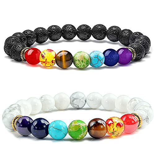 Senidea 2 Stück 7 Chakra Armband für Damen Herren, Meteorit Weiß Türkis Armband, Natürliche Energiesteinen Yoga Armbänder, Lavastein Stein Armband 8mm von Senidea