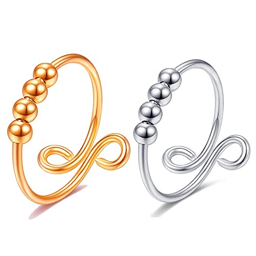 Senidea Fidget Anxiety Beads Ring, Anti Stress Angst Drehring, Spinner Vergoldet Rosengold Ringe, Einfache Geometrische Runde Ring für Damen, Einstellbare Offene Ringe von Senidea