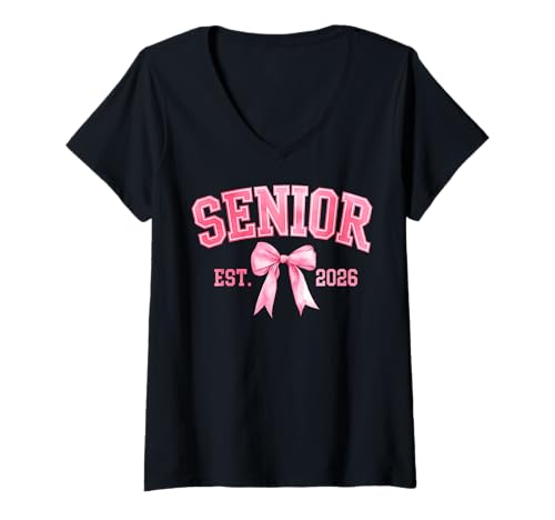 Damen Senior 2026 Coquette Pink Bow Class of 2026 Graduation Girls T-Shirt mit V-Ausschnitt Damen Senior 2026 Coquette Pink Bow Class of 2026 Graduation Girls T-Shirt mit V-Ausschnitt von Senior 26 Family Matching Class of 2026 Tee