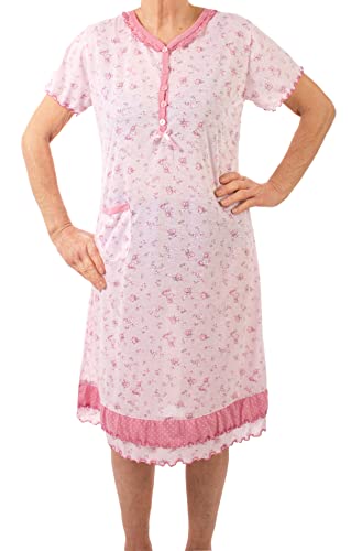 Seniorenmode24 Damen Senioren Oma Kurzarm Nachthemd Größe 34 bis 52 mit Blumenmuster kuschelig weich aus Baumwolle ideal für den Sommer (40-42, rosa) von Seniorenmode24