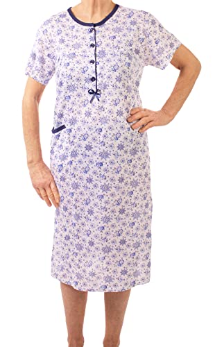 Seniorenmode24 Damen Senioren Oma Kurzarm Nachthemd Größe 34 bis 52 mit Blumenmuster kuschelig weich aus Baumwolle ideal für den Sommer (blau, 42-44) von Seniorenmode24