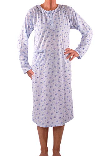 Seniorenmode24 Damen Senioren Oma Nachthemd mit Blumenmuster kuschelig weich aus Baumwolle ideal für pflegebedürftige Omas einfach anzuziehen und super pflegeleicht (blau, 58/60) von Seniorenmode24