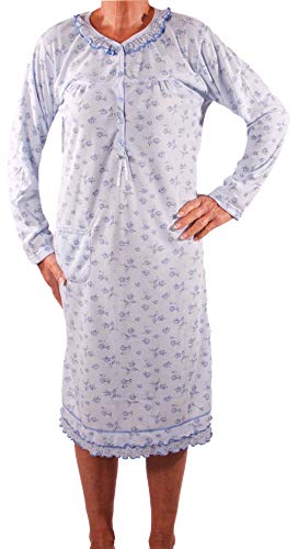 Seniorenmode24 Damen Senioren Oma Nachthemd mit Blumenmuster kuschelig weich aus Baumwolle ideal für pflegebedürftige Omas einfach anzuziehen und super pflegeleicht (hellblau, 44/46) von Seniorenmode24