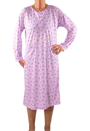 Seniorenmode24 Damen Senioren Oma Nachthemd mit Blumenmuster kuschelig weich aus Baumwolle ideal für pflegebedürftige Omas einfach anzuziehen und super pflegeleicht (lila, 48/50) von Seniorenmode24